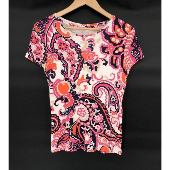 Talbots Paisley Print Pima Cotton T-Shirt Women S Orange Pink Y2k Boho Bohemian - Picture 1 of 6